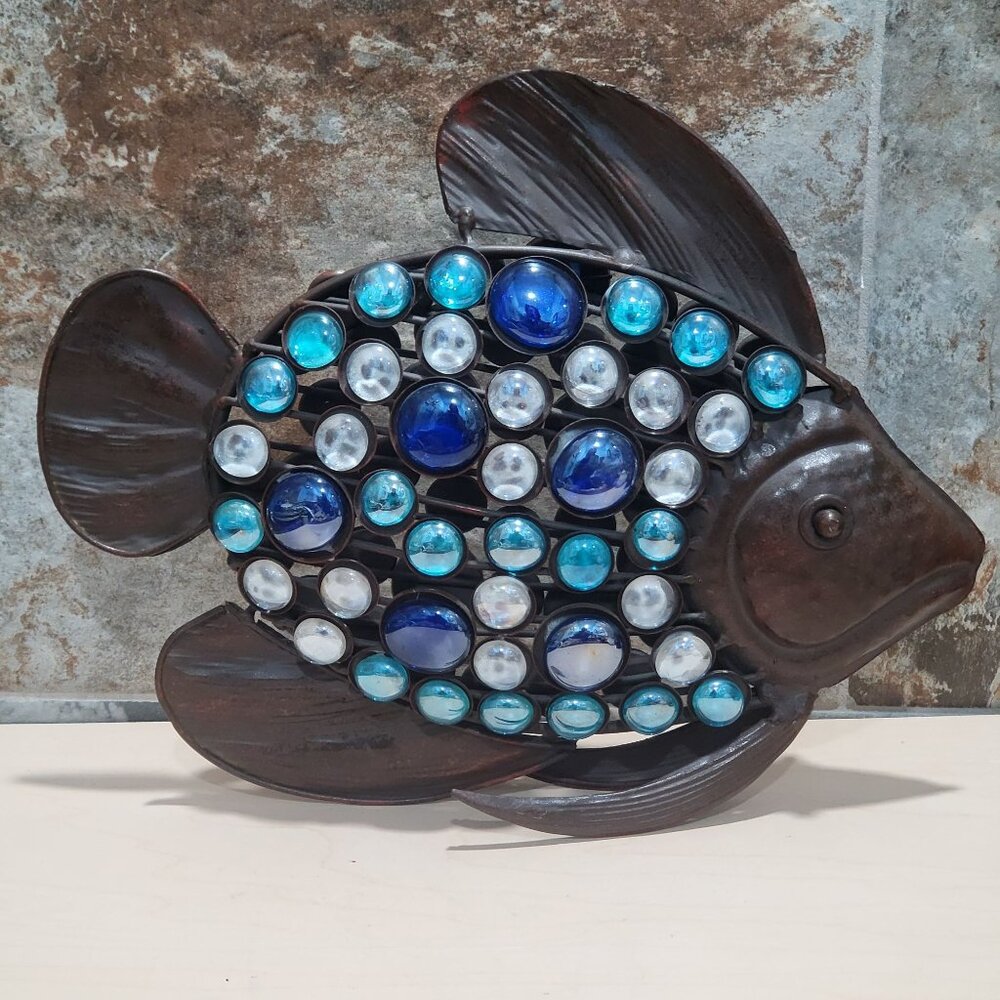 Hammered Metal Fish Sculpture Blue White Bead Glass Cabachons